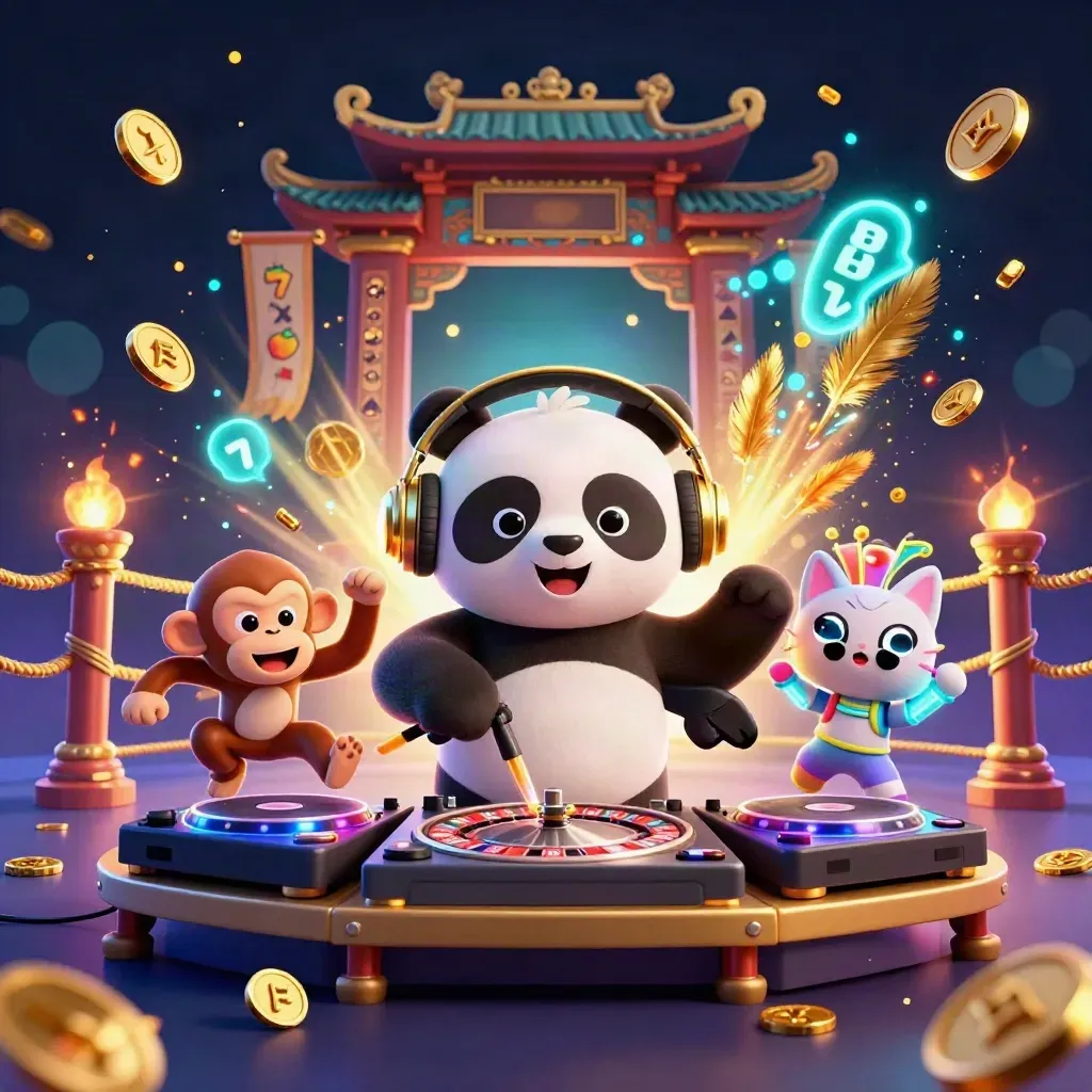 DJ panda, monkey and glow-stick kitten in a neon casino temple scene with gold and blue energy