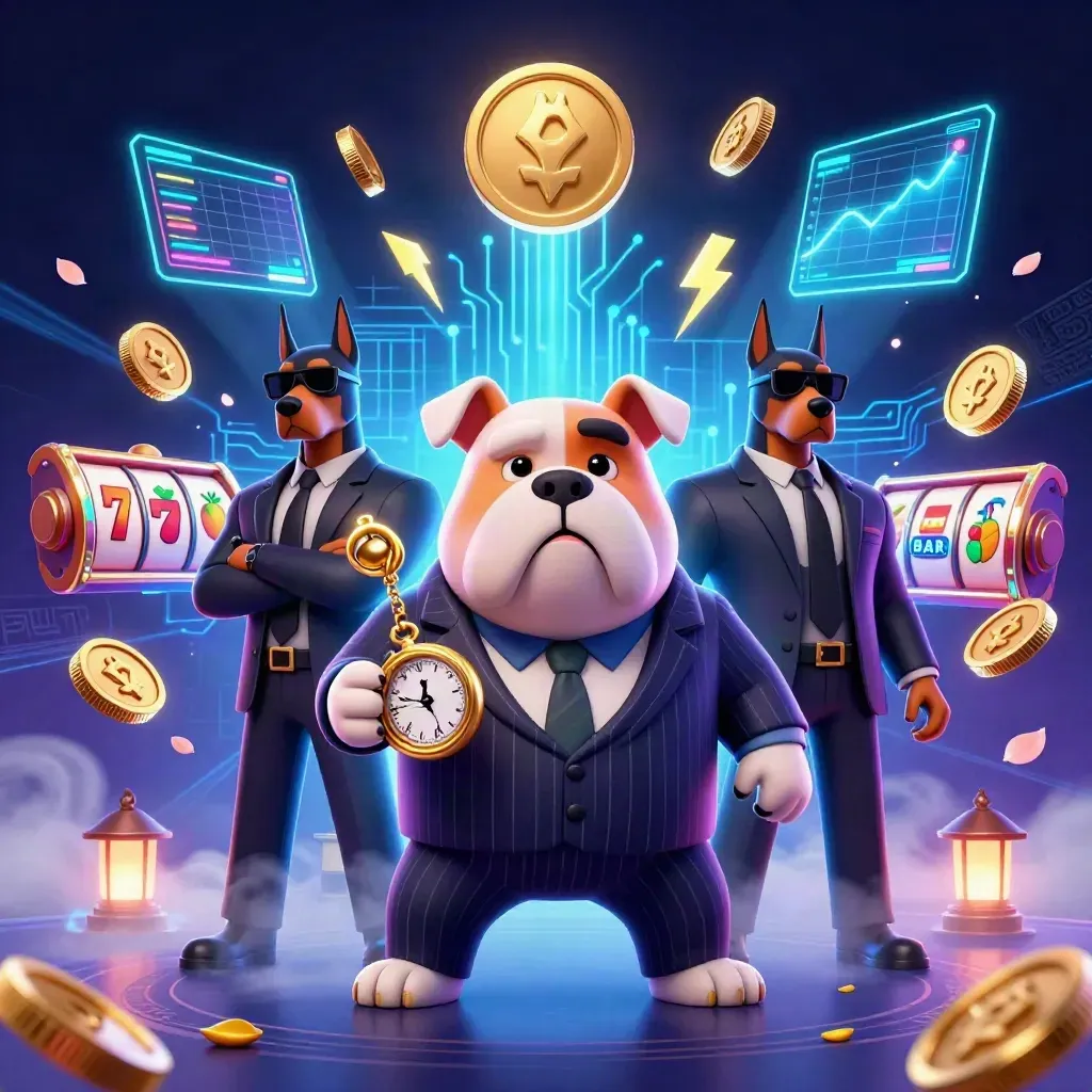 Cartoon mafia bulldog and Dobermans amid neon crypto coins, slot symbols, and a blue storm glow.