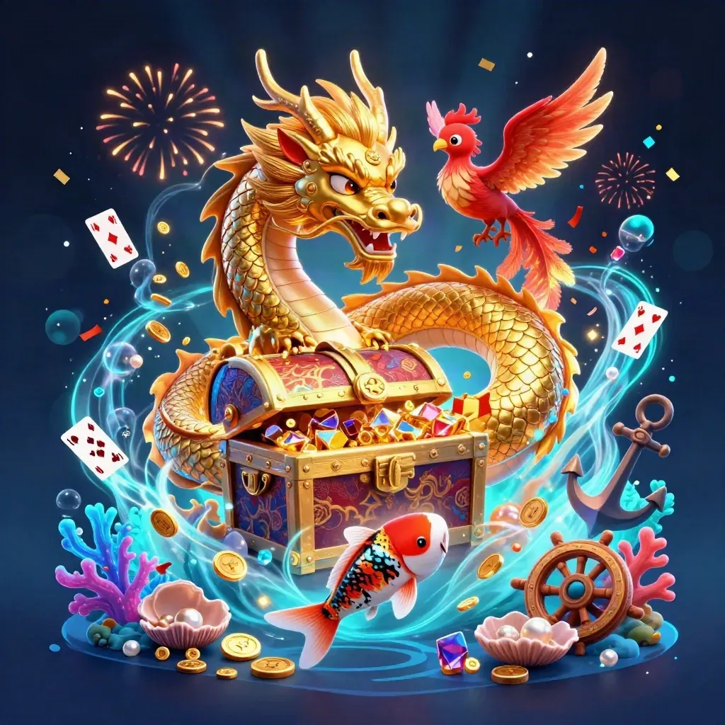 Golden dragon with phoenix and koi in a treasure cove, glowing with blue and gold casino energy