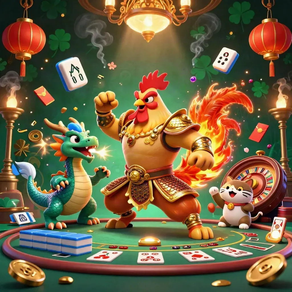 Rooster warrior, dragon hatchling, and lucky cat in a glowing casino battle scene.