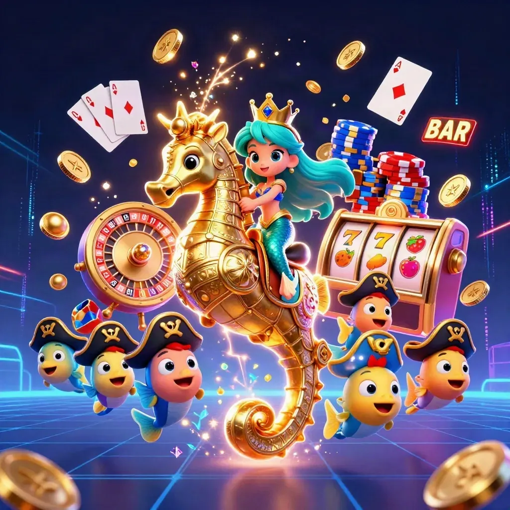 Mermaid princess on armored seahorse with coins, gems, chips, reels, and neon casino energy