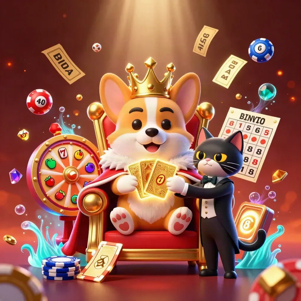 Royal corgi and cat butler amid neon casino loot, chips, balls, wheel and glowing treasure
