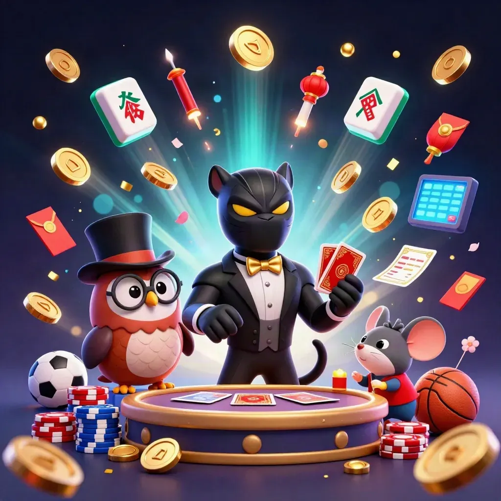 Panther, owl, and mouse amid bursting treasure, coins, fireworks, and sports betting icons.