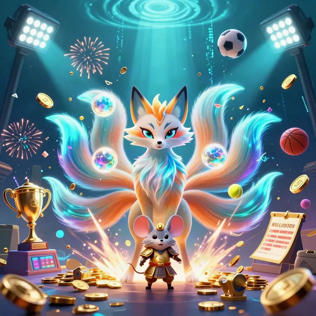 Neon fox spirit and samurai mouse amid coins, sports balls, trophy, and fireworks.