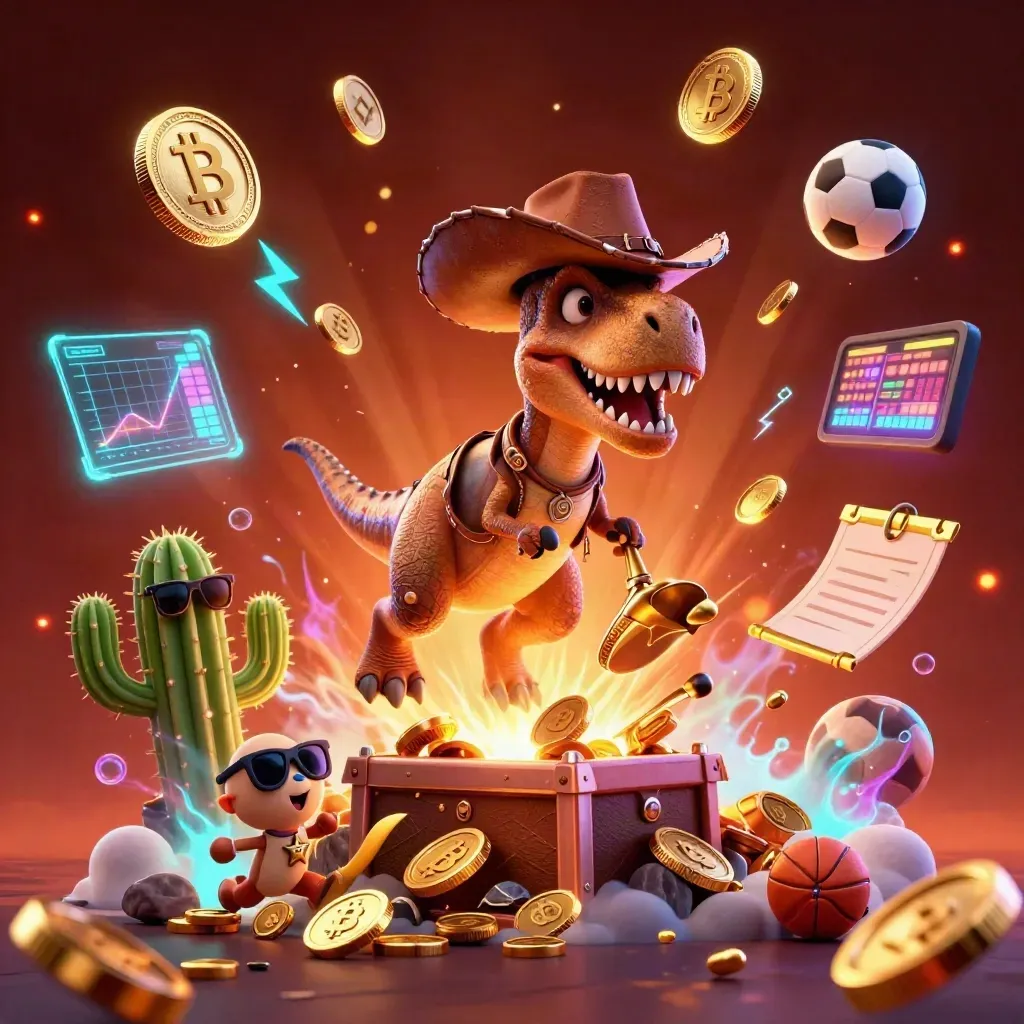 Cowboy T-Rex, cactus sidekick, and roadrunner amid exploding gold coins, crypto, and casino glow.