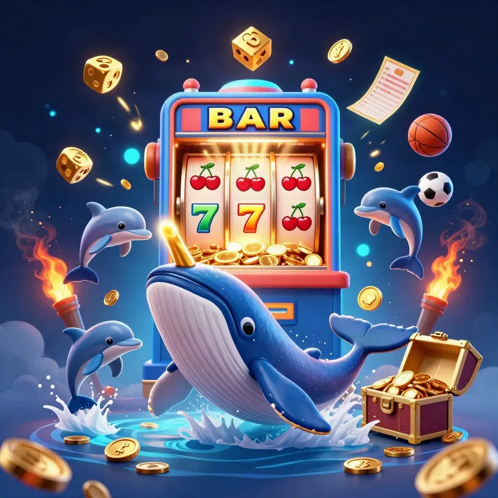 Whale captain, narwhal, dolphins, coins, slot, dice, chest, sports balls, and blue neon casino effects explode.
