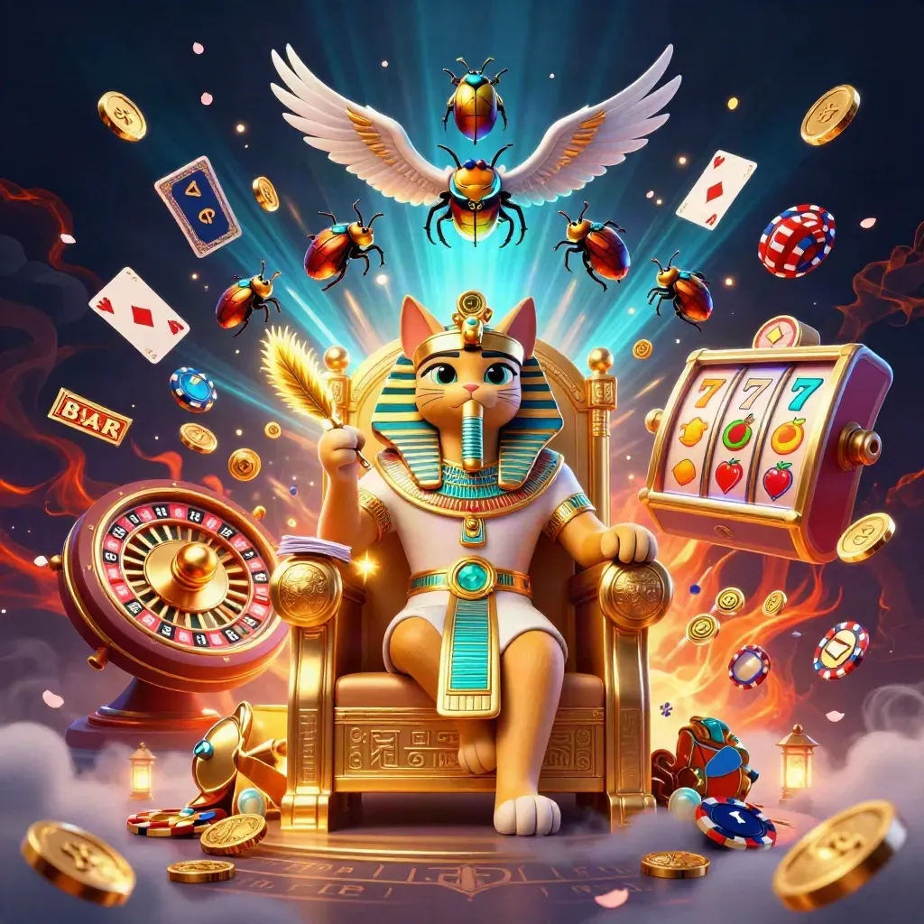 Pharaoh cat throne, ibis scribe, gem scarabs, and casino symbols in neon glow.