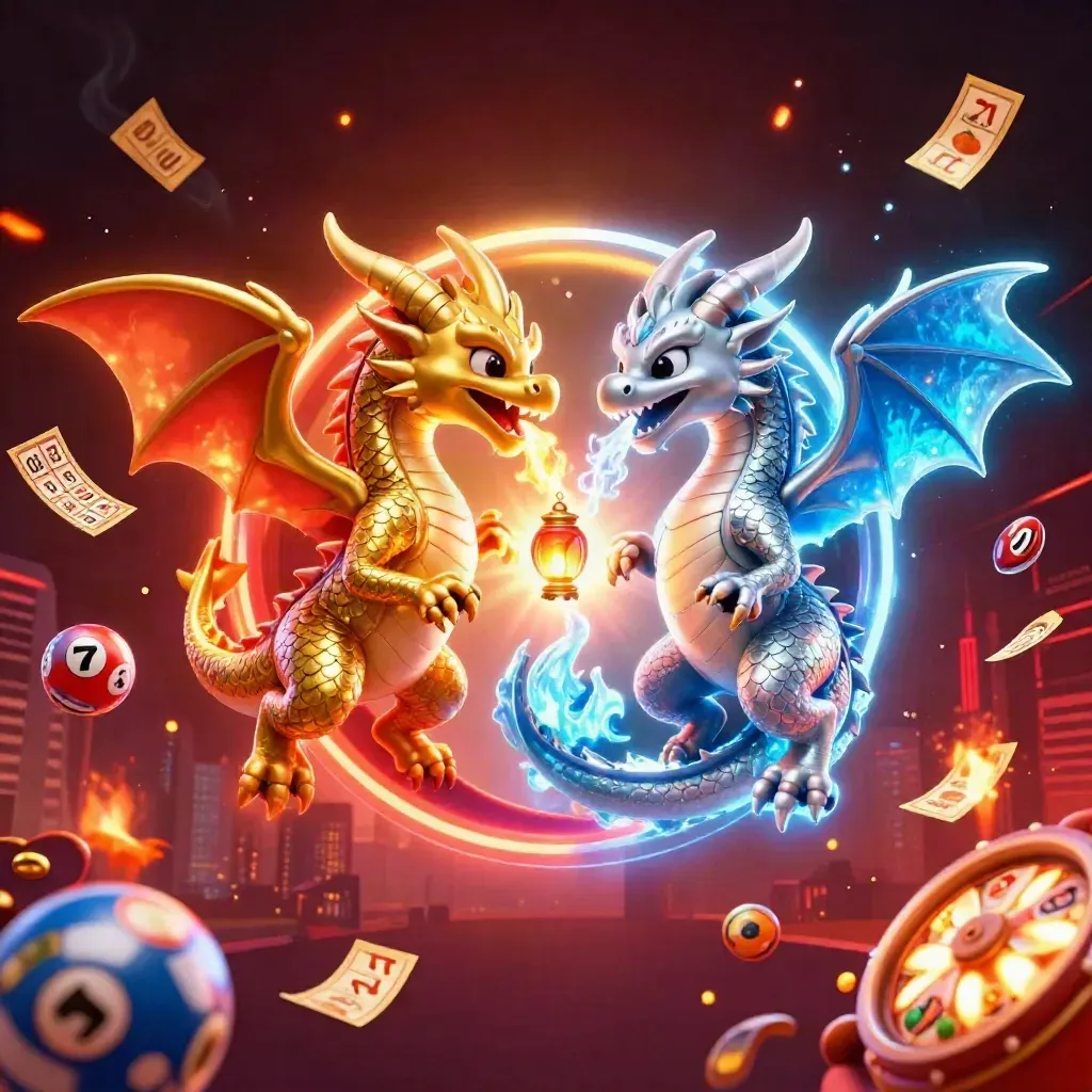 Twin gold and silver dragons swirl in neon fire and ice above casino icons.