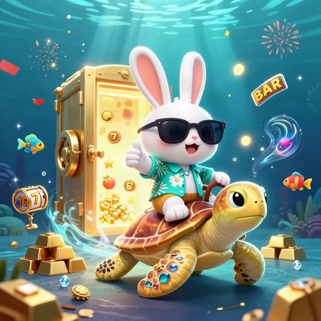 Lucky rabbit riding a gold turtle amid casino treasures and neon underwater light