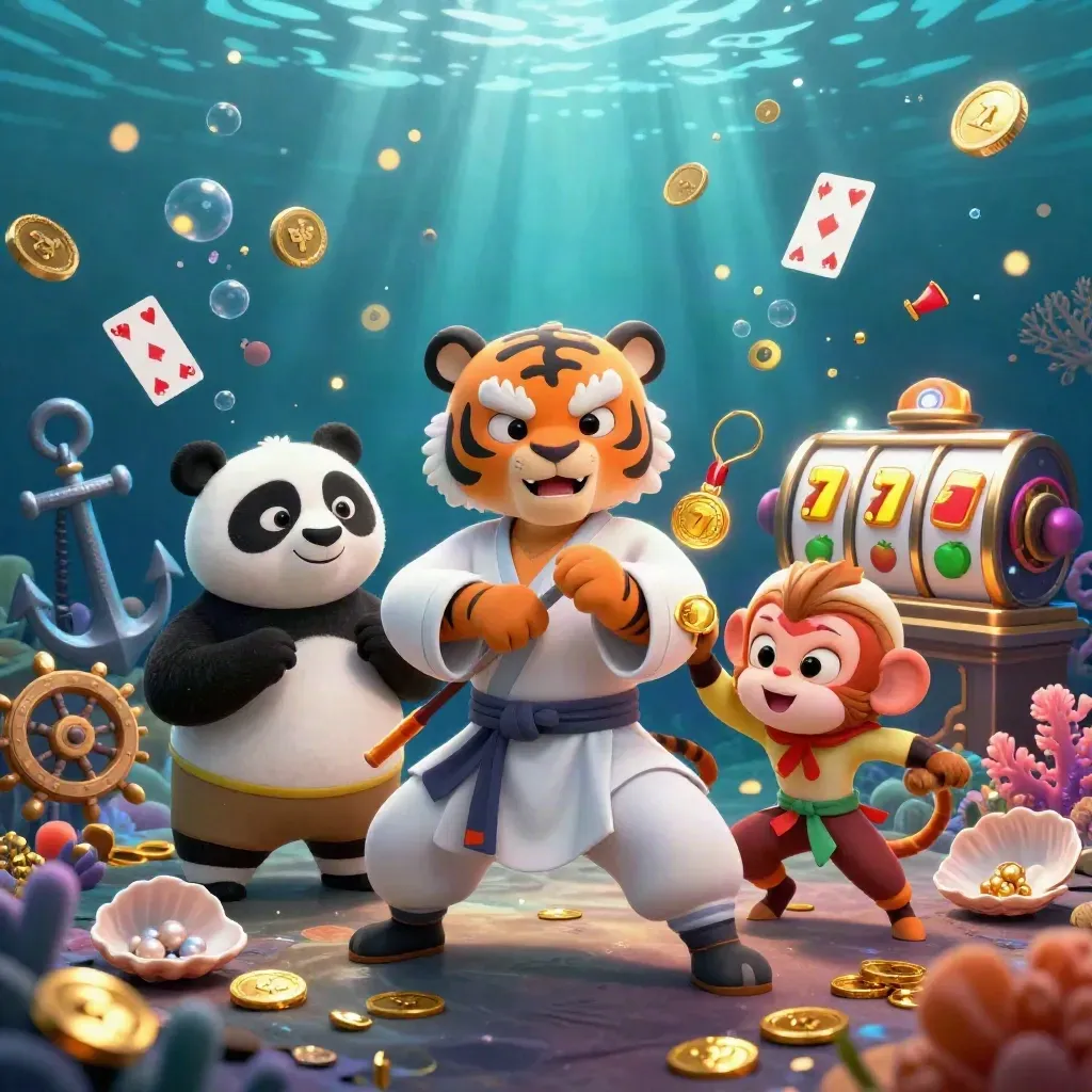 Kung-fu tiger, panda, and monkey amid underwater casino treasure and neon reels.