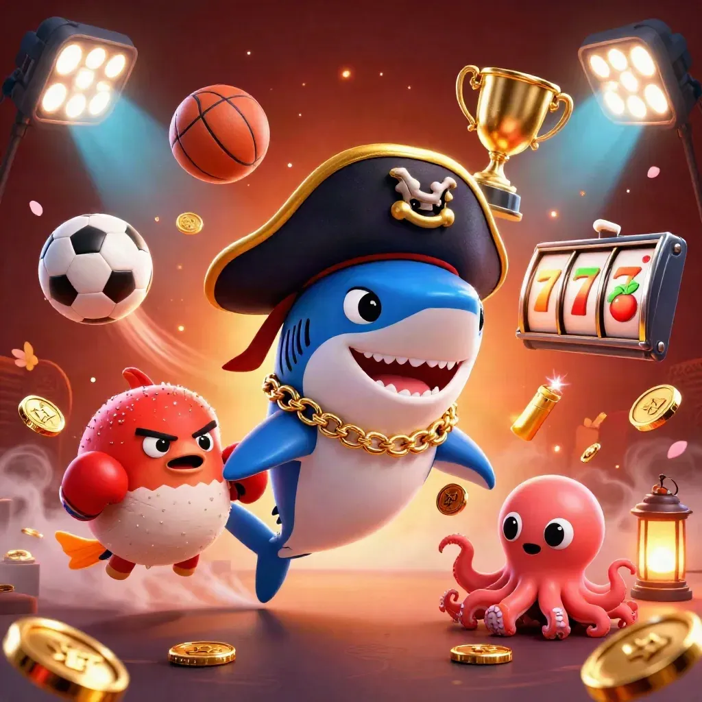 Pirate shark, boxing pufferfish, and juggling octopus amid casino coins, balls, trophies, and neon glow.
