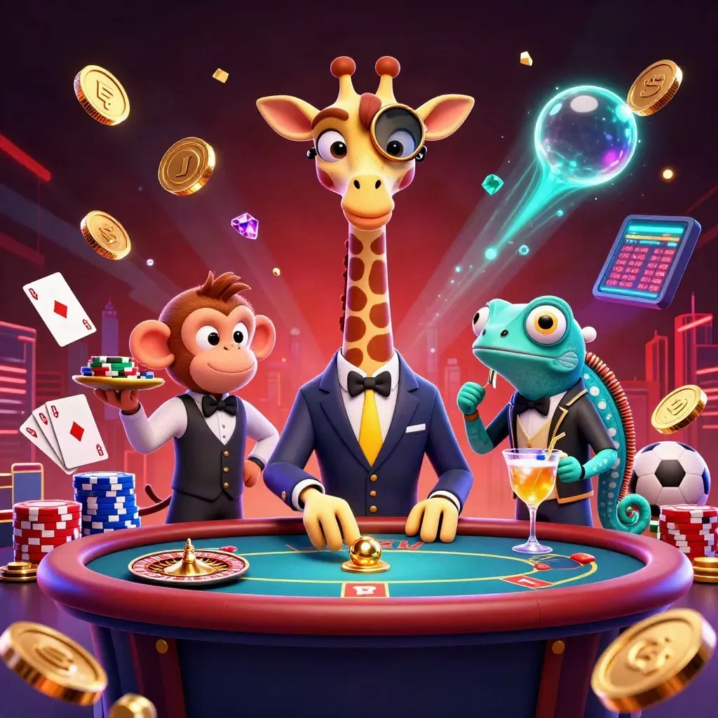 Giraffe, monkey and chameleon casino heroes amid coins, chips, cards and neon glow.