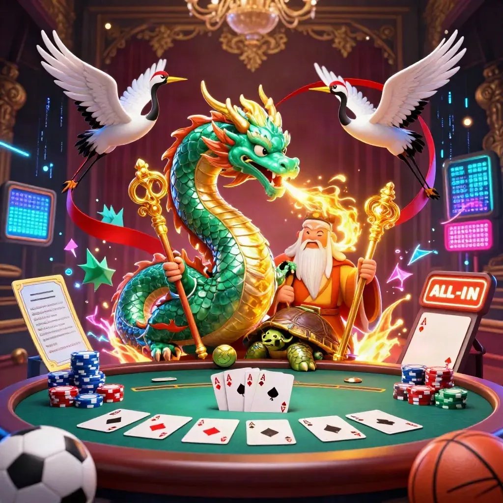 Jade dragon, turtle sage, and cranes amid casino cards, chips, and neon glow.