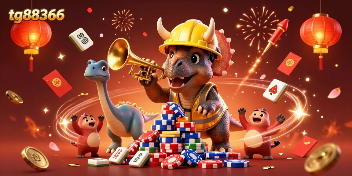 Engage in the excitement of tg88366 with a colorful casino scene featuring a triceratops and friends building poker chip pyramids.
