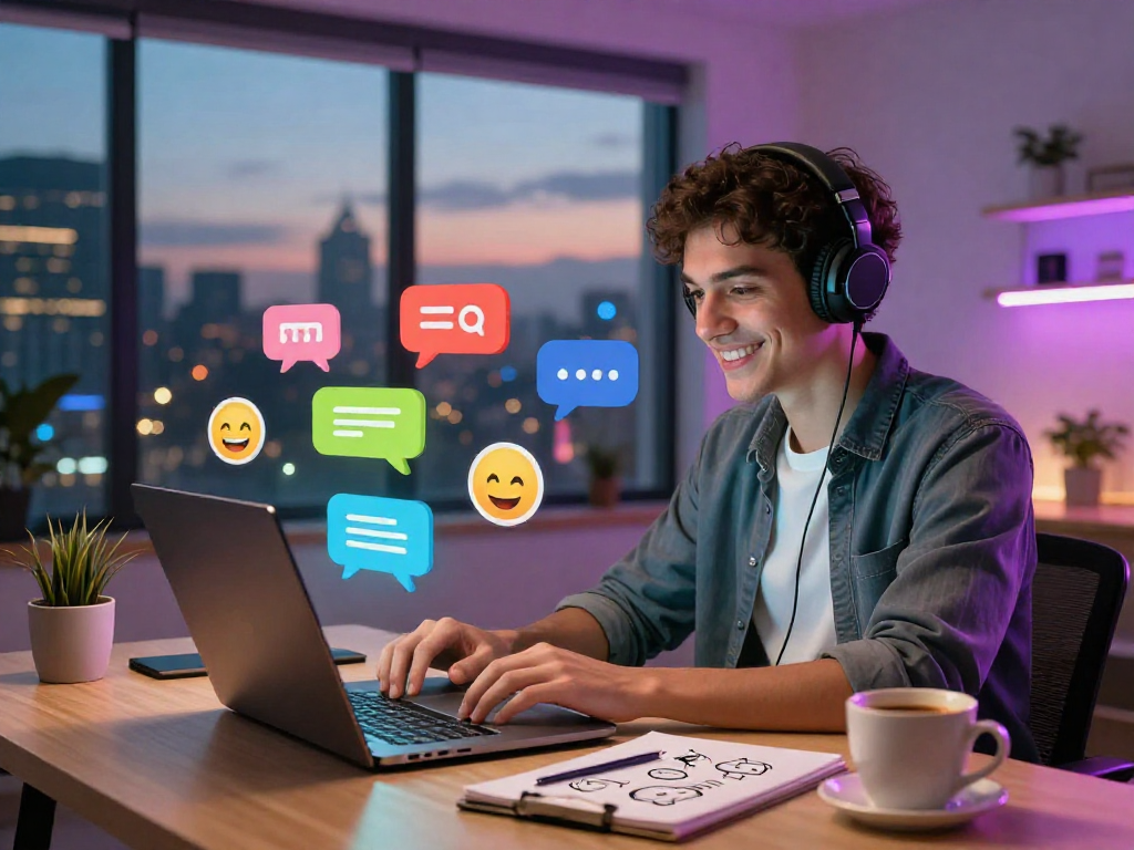 Engaging in ai chat porn through a vibrant virtual workspace featuring a person smiling while interacting with a laptop and colorful chat icons.