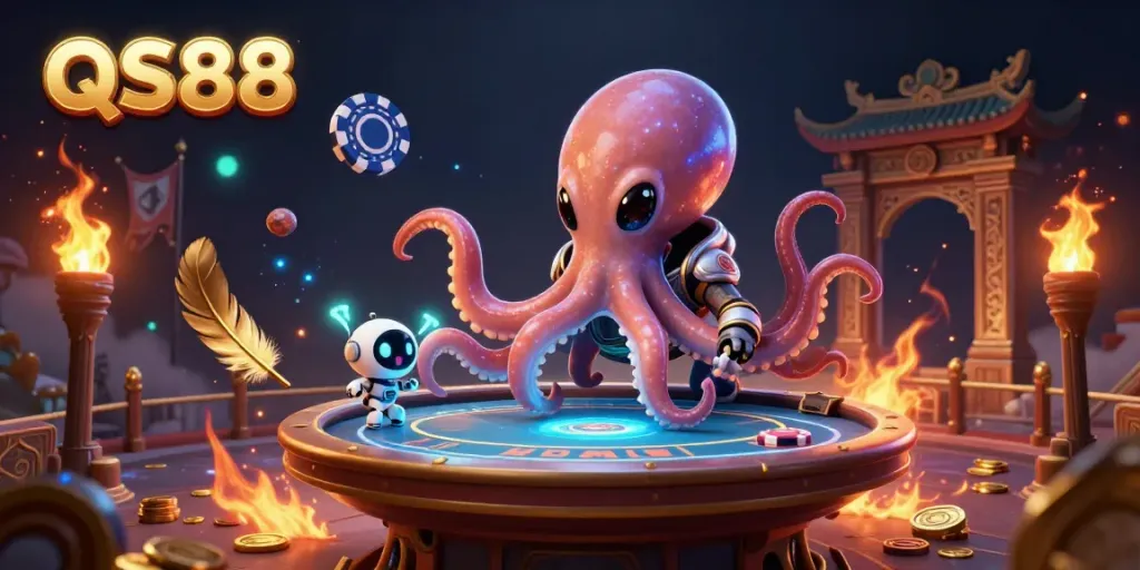 Experience the thrilling excitement of QS88 with a cosmic poker scene featuring alien characters and dynamic game elements.