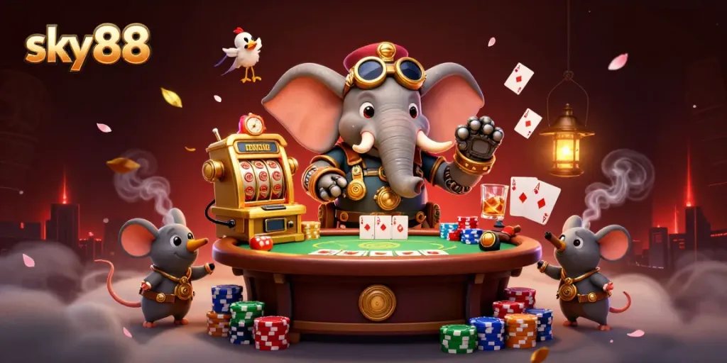 Experience thrilling gameplay with sky88's steampunk characters enjoying an exciting slot machine adventure.