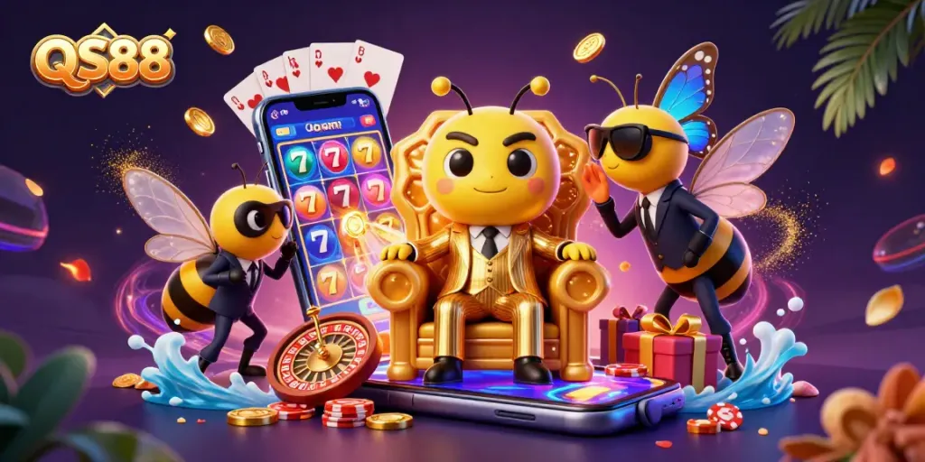 Play thrilling slots at QS88 with a vibrant scene showcasing the bumblebee mob boss and casino games.