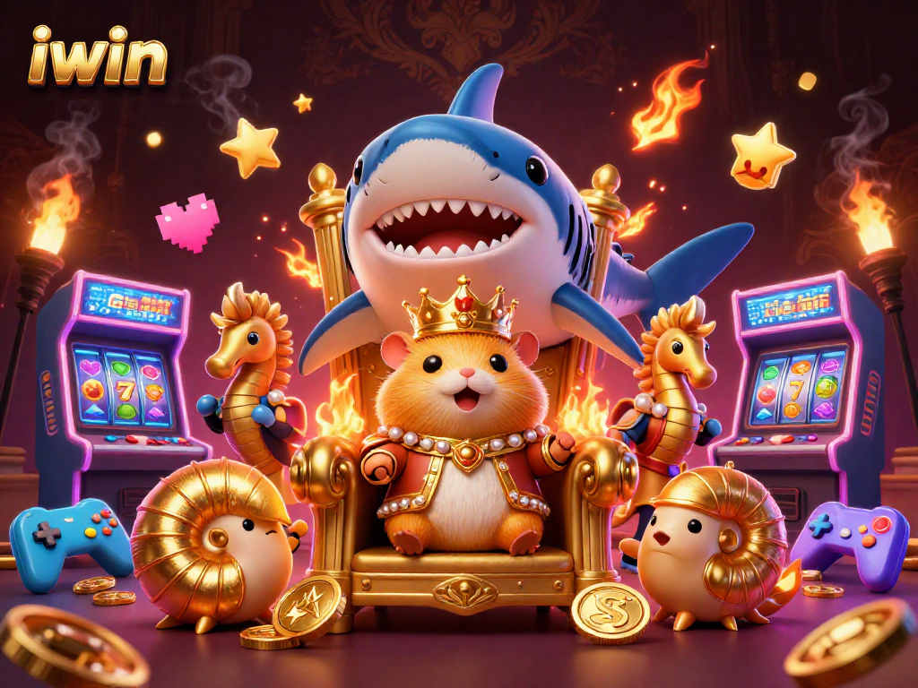 Experience the iwin casino kingdom with a golden hamster king on a shark throne amidst vibrant gaming elements.