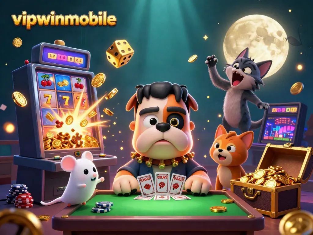 Engage in exciting gameplay with vipwinmobile in a vibrant casino-themed illustration featuring dynamic 3D characters and game elements.