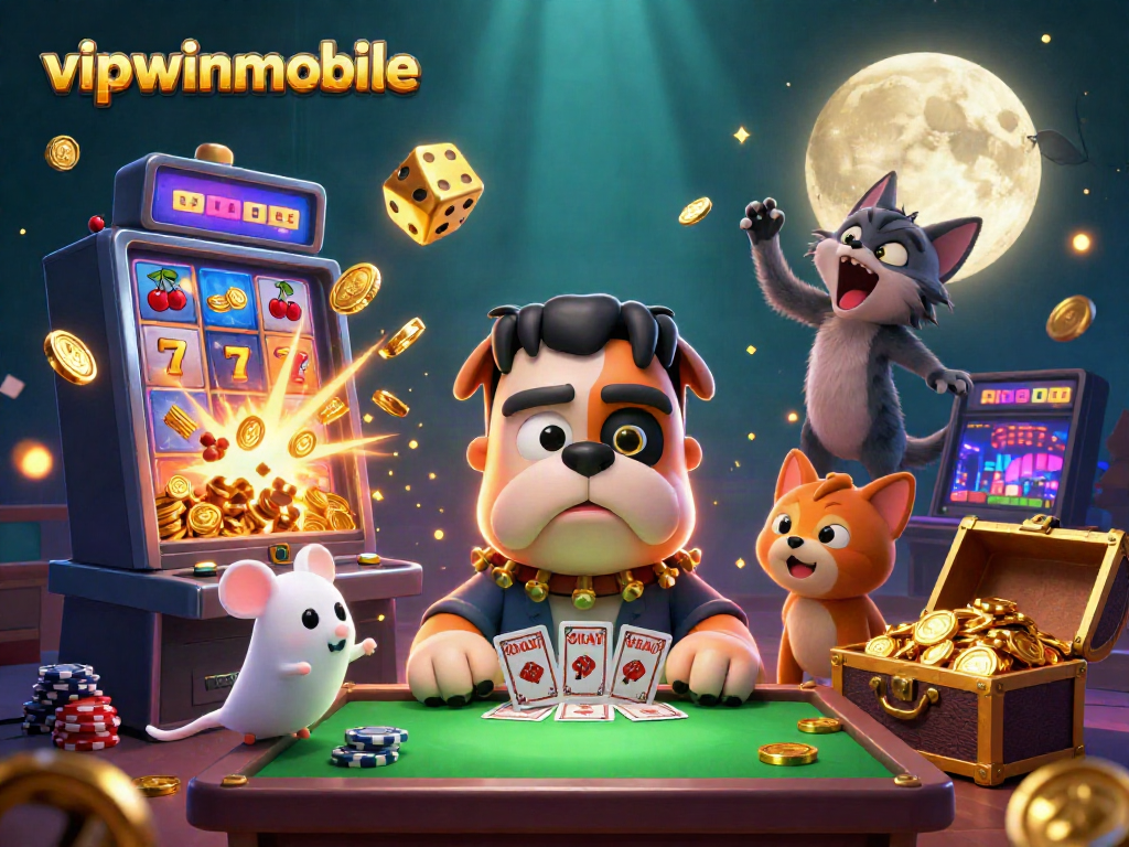 Engage in exciting gameplay with vipwinmobile in a vibrant casino-themed illustration featuring dynamic 3D characters and game elements.