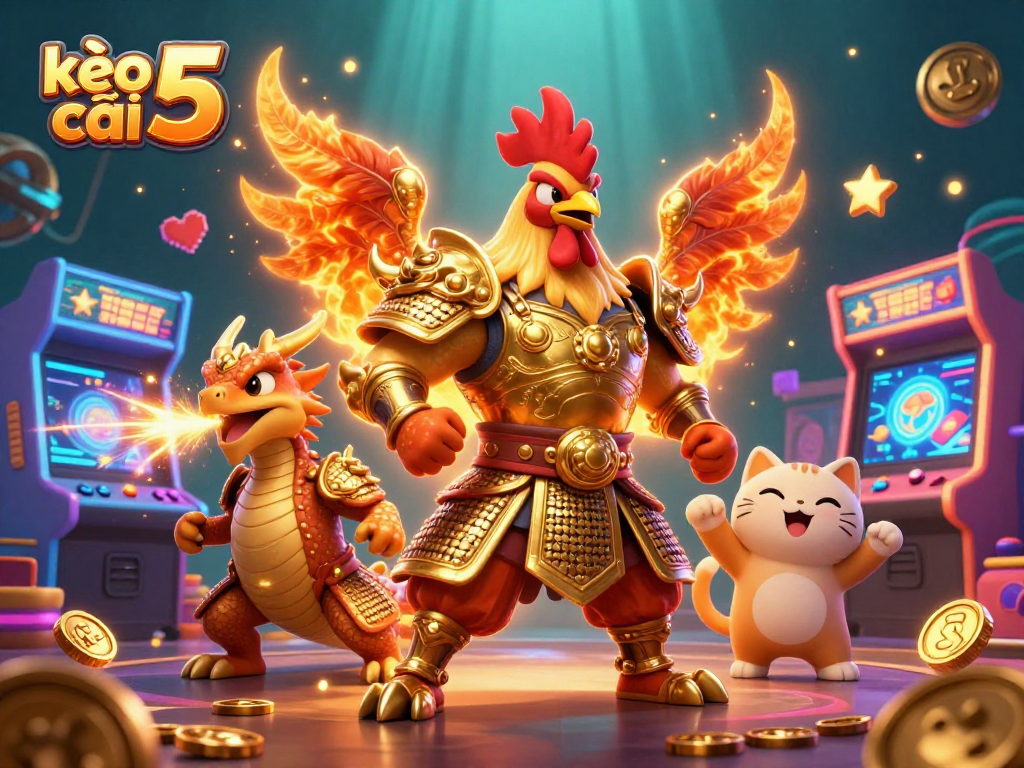 Engage in thrilling gameplay with kèo nhà cái 5 as a heroic rooster battles an armored dragon in a vivid 3D illustration.