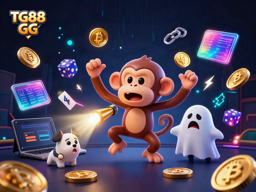 Witness TG88 GG's thrilling haunted casino, where a playful spectral monkey juggles glowing treasures and a puppy hunts for crypto clues.