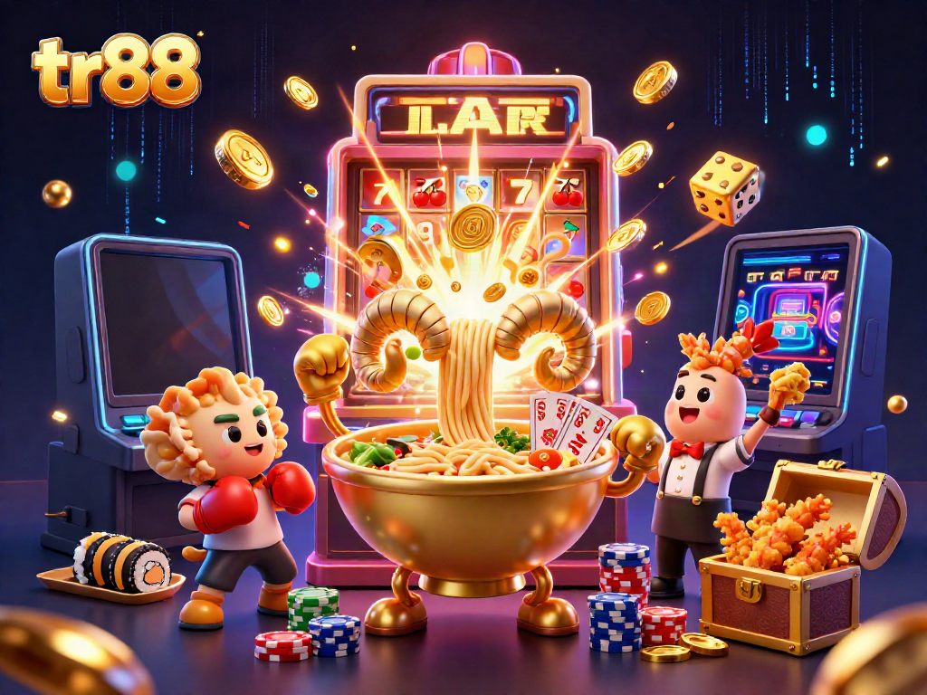 tr88 themed casino scene with vibrant characters and casino elements celebrating a jackpot