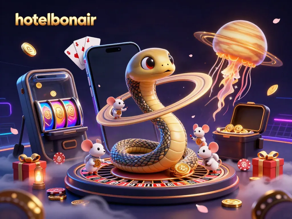 Engaging illustration of hotelbonair's cosmic casino scene with characters and vibrant gaming elements
