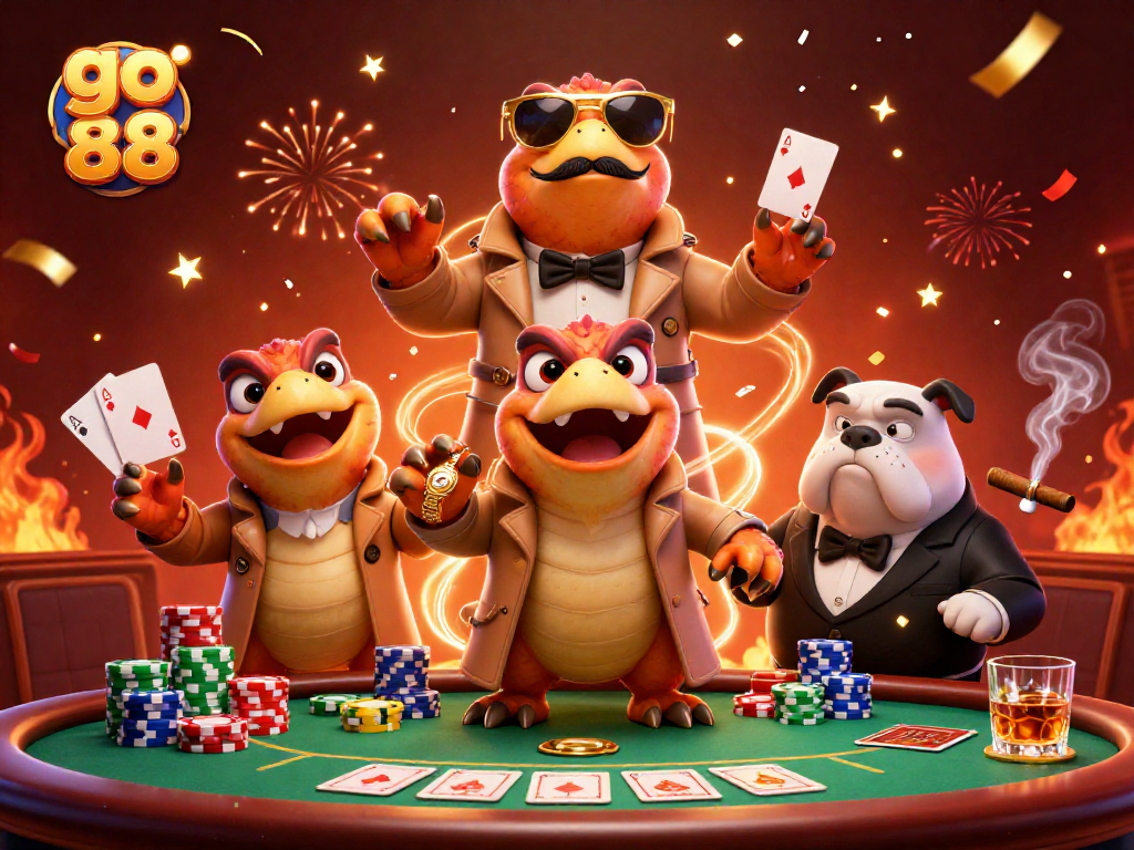 Experience go 88 in a vibrant casino scene with three raptors and a bulldog bouncer.