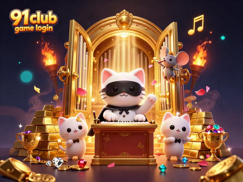 Engage with the 91 club game login featuring a mystical cat organist amidst gems and golden treasures.