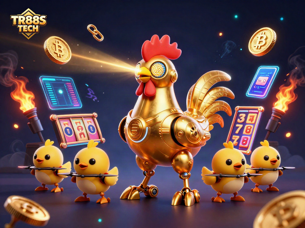 Engage with TR88S TECH in this bustling casino scene featuring a golden rooster robot and vibrant slot elements.