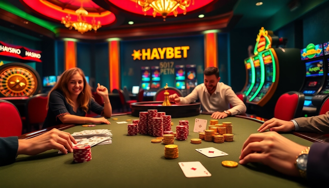 Experience the thrill of HAYBET with players engaged in intense poker action amidst a luxurious casino setting.