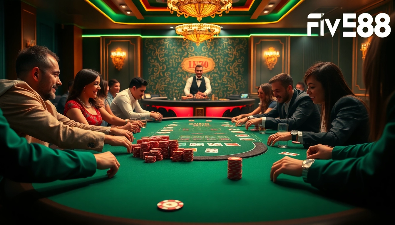 Experience the thrill of five88 đăng nhập with a vibrant poker game and luxurious casino atmosphere.