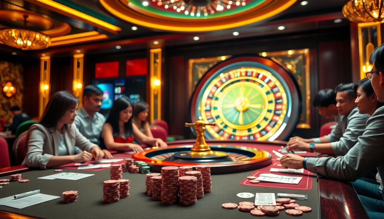Players enjoying exhilarating games at Nhà cái Hm88 casino with vibrant tables and roulette wheel.
