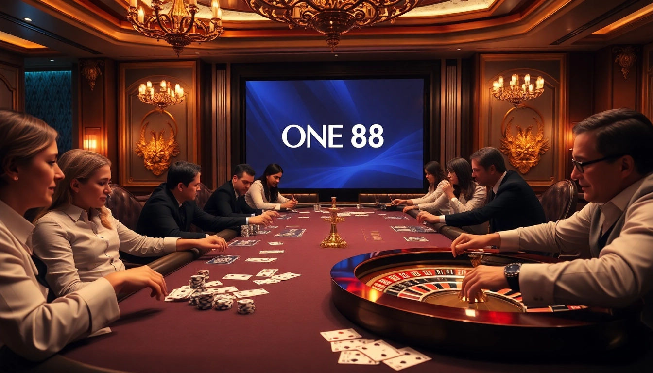 Players enjoying poker at a luxurious casino featuring the ONE 88 logo, showcasing excitement and professionalism.
