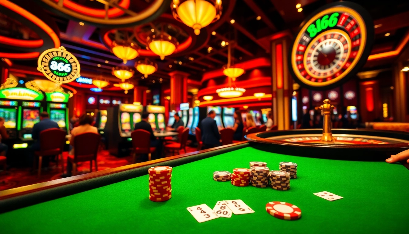 Play exciting games at mb66.nyc casino with vibrant tables and chips in a luxurious setting.
