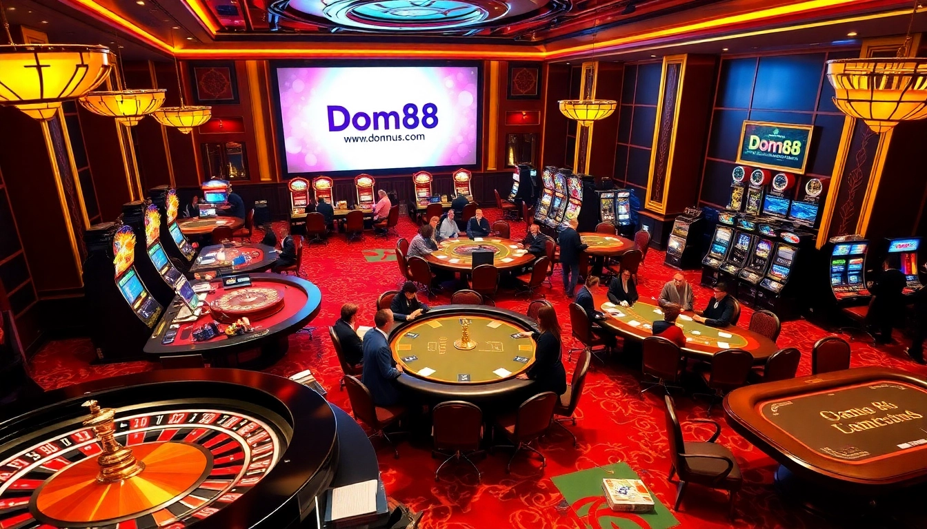 Experience thrilling gaming moments at dom88.us.com, showcasing vibrant casino tables, roulette wheels, and poker chips.