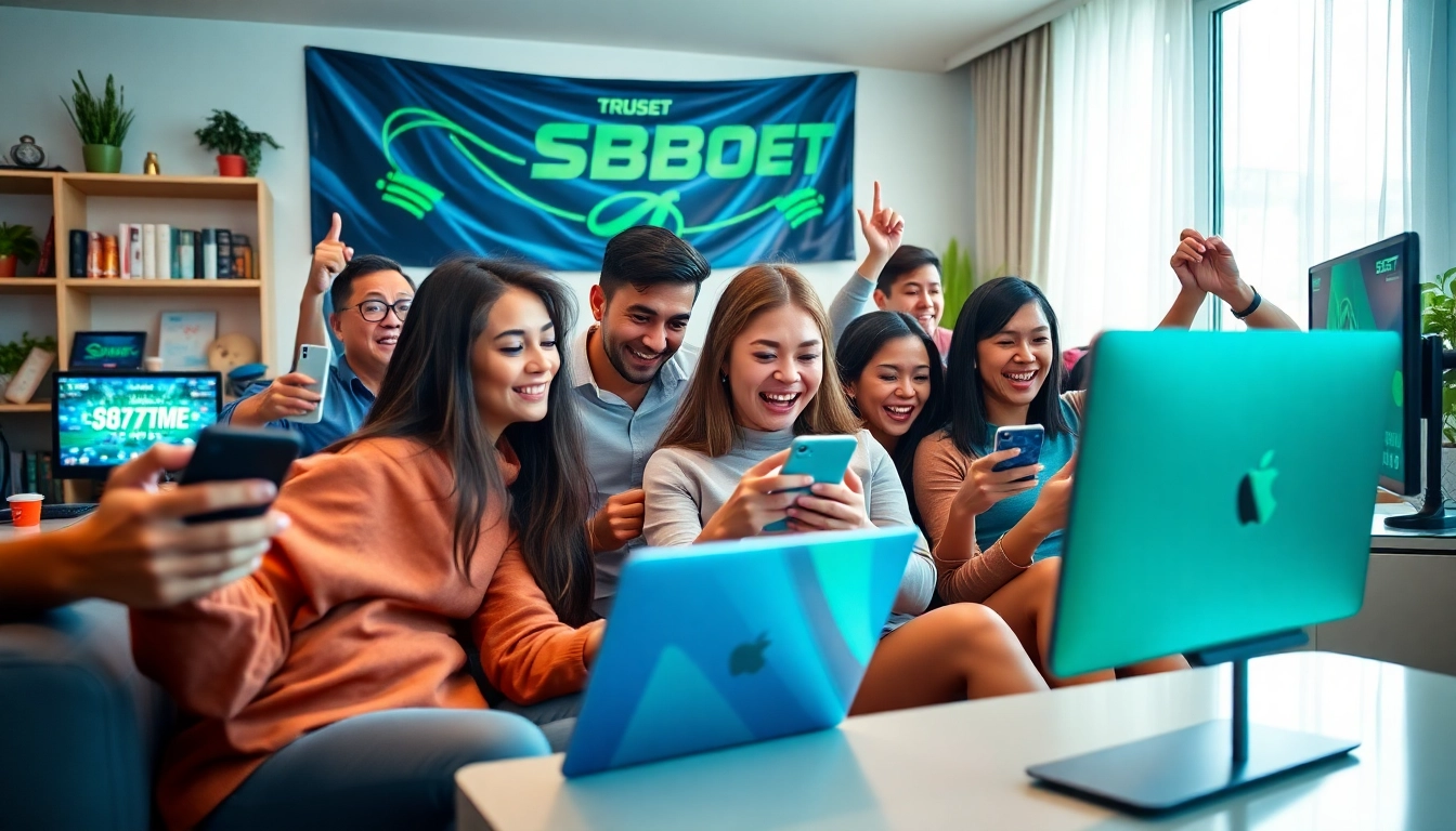 Engaged players enjoying betting activities on sbobet.dance in a vibrant home setting.