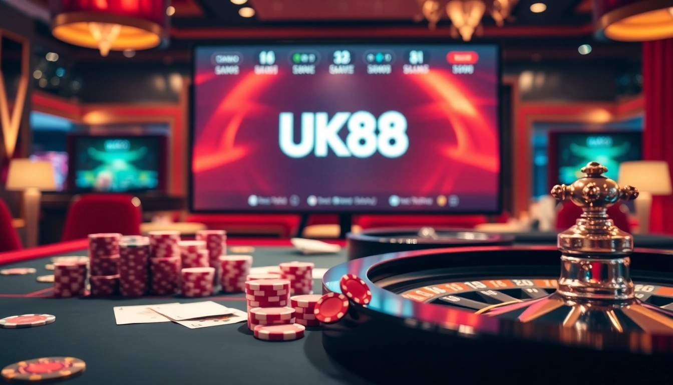 Playing poker with UK88 nhà cái uy tín at an elegantly set casino table filled with chips and cards.