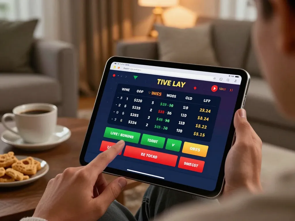 Engaging in sports betting with TR88 app on a tablet in a cozy home setting.
