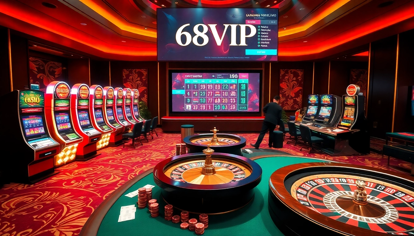 Experience thrilling games at 68VIP with luxurious casino tables and vibrant gambling action.