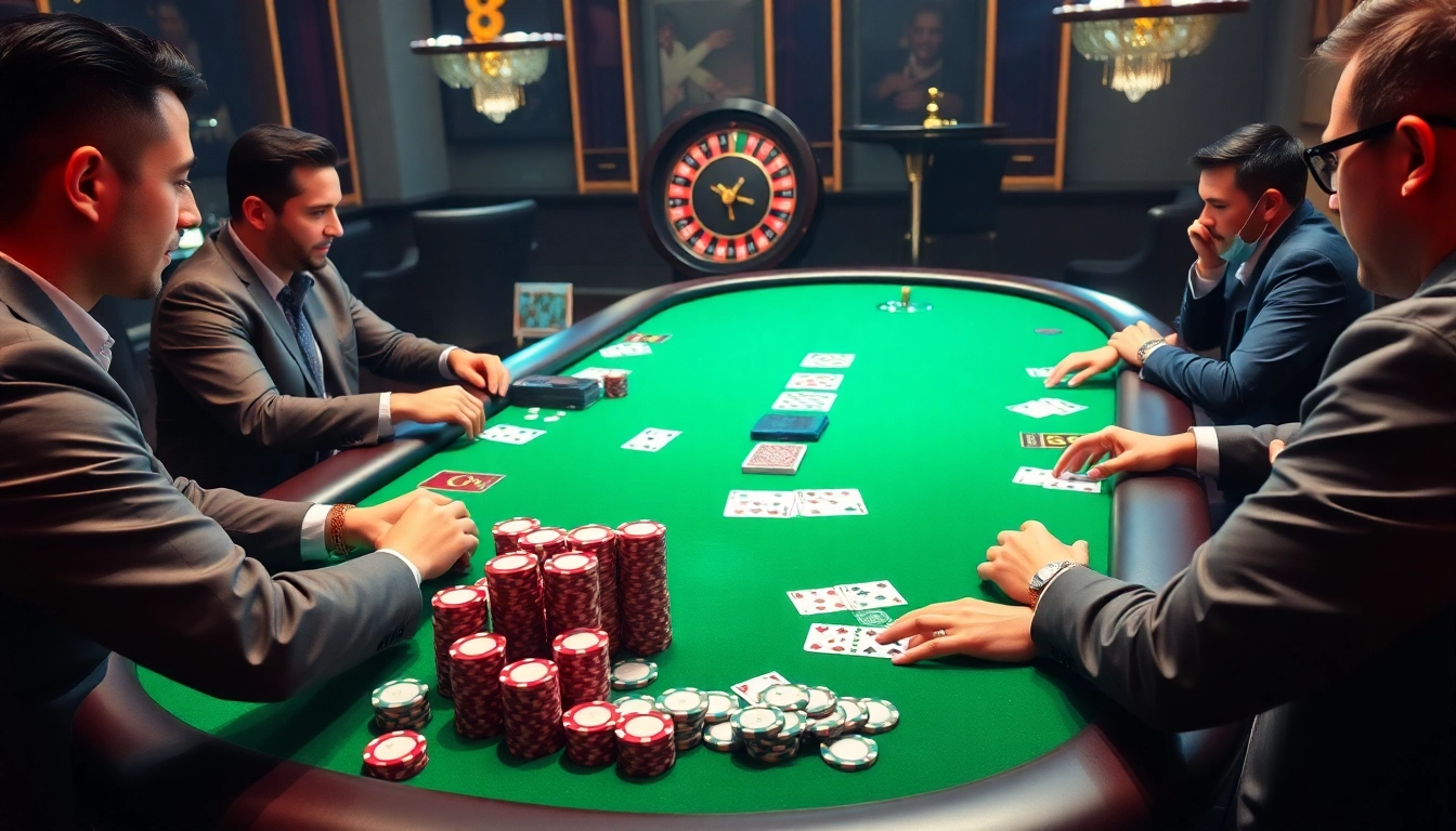 I9BET poker table action with enthusiastic players, vibrant chips, and cards creating an engaging atmosphere.