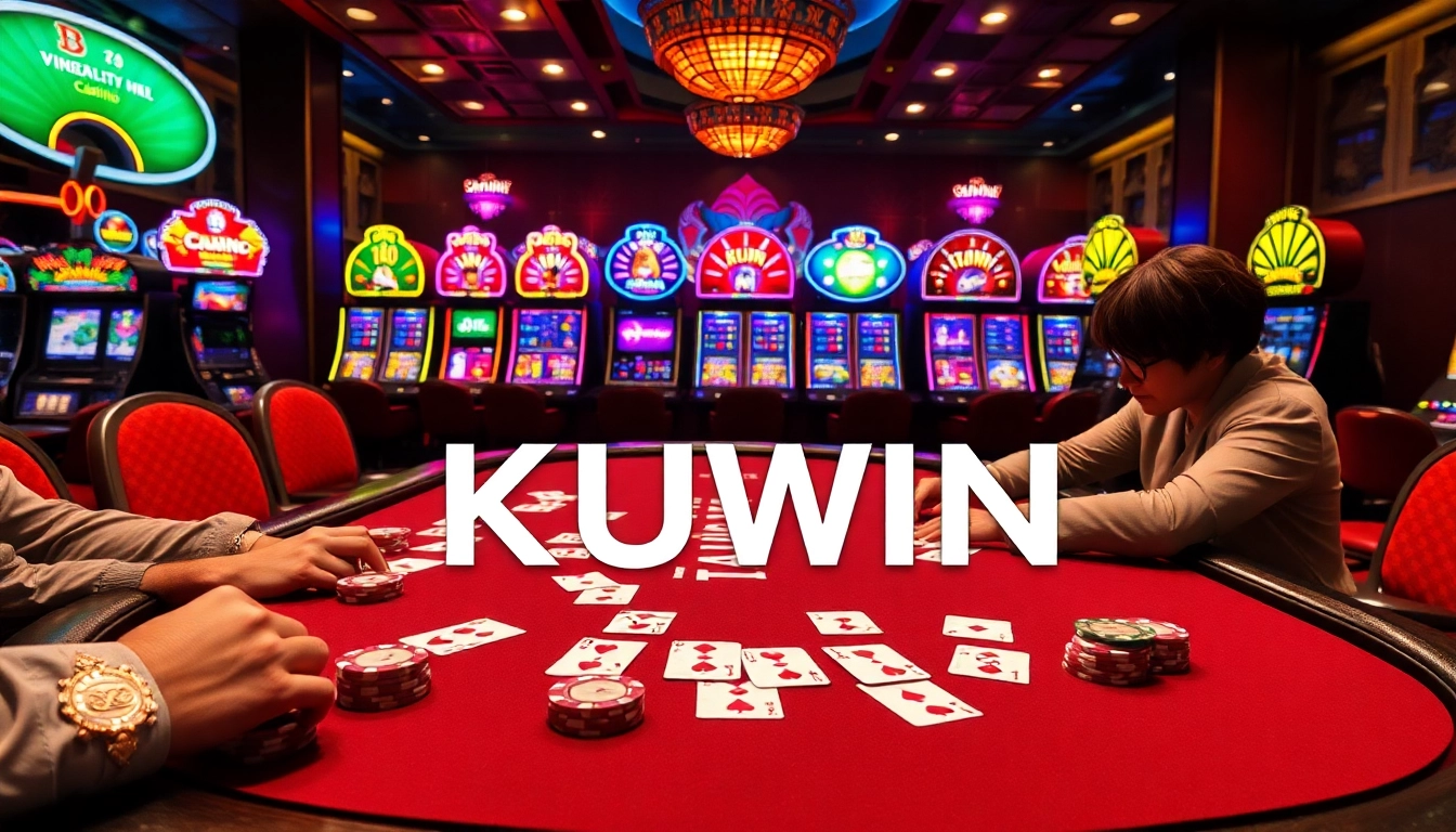 Players at a KUWIN poker table showcasing excitement and strategy in a luxurious casino.
