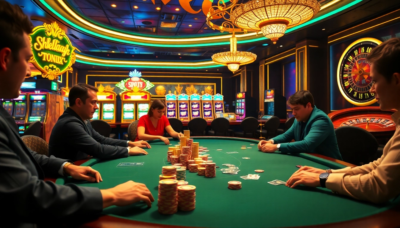 Engaging poker action at a casino table, featuring chotruyen-inspired decor and vibrant excitement.
