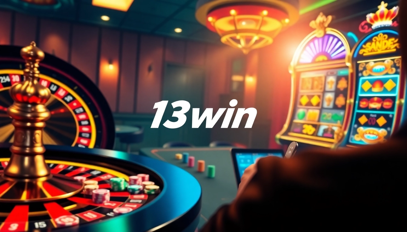 Engaging scene of online gambling at 13win's casino with roulette, poker chips, and a slot machine.