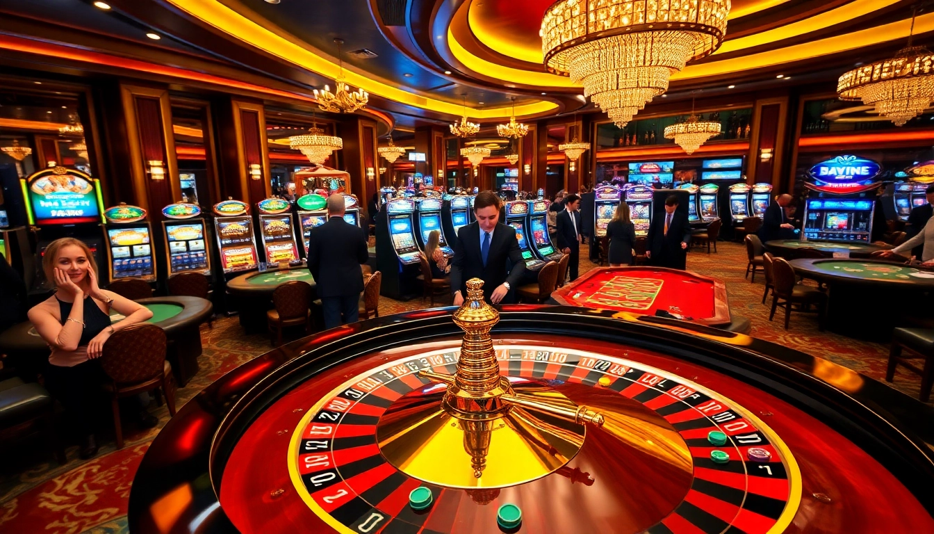 Dynamic scene of high-stakes gaming at jun88 com casino, featuring roulette, poker, and vibrant slot machines.