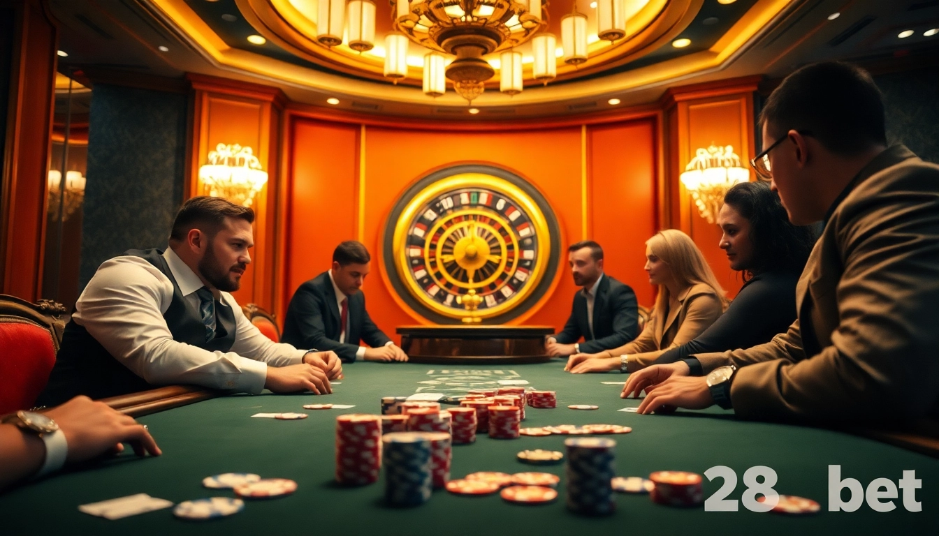 Experience the excitement of poker at 28bet's luxurious casino, showcasing professional players and elegant design.
