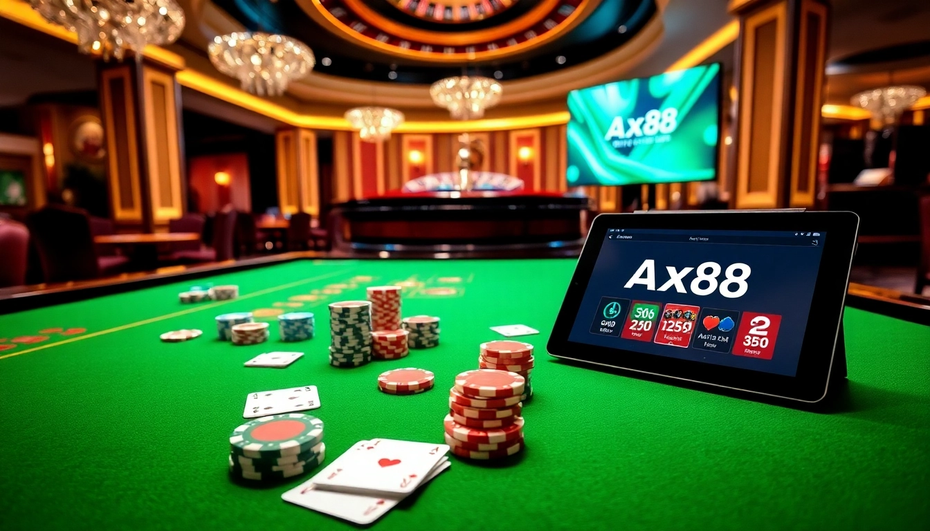 Experience the excitement of gambling at ax88 with a luxurious casino scene featuring a betting table and sleek casino elements.