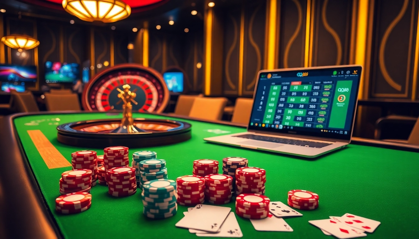 Experience thrilling gaming action at QQ88 Today with vibrant poker chips and an elegant casino setup.